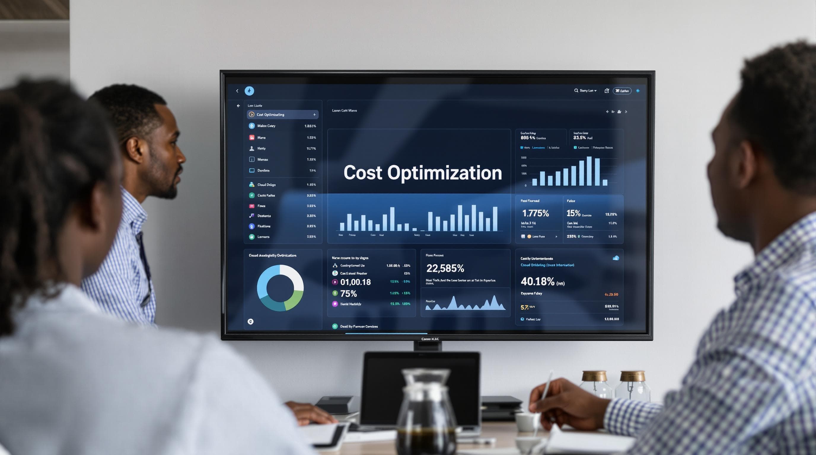 Team reviews financial dashboard for cost optimization in modern office