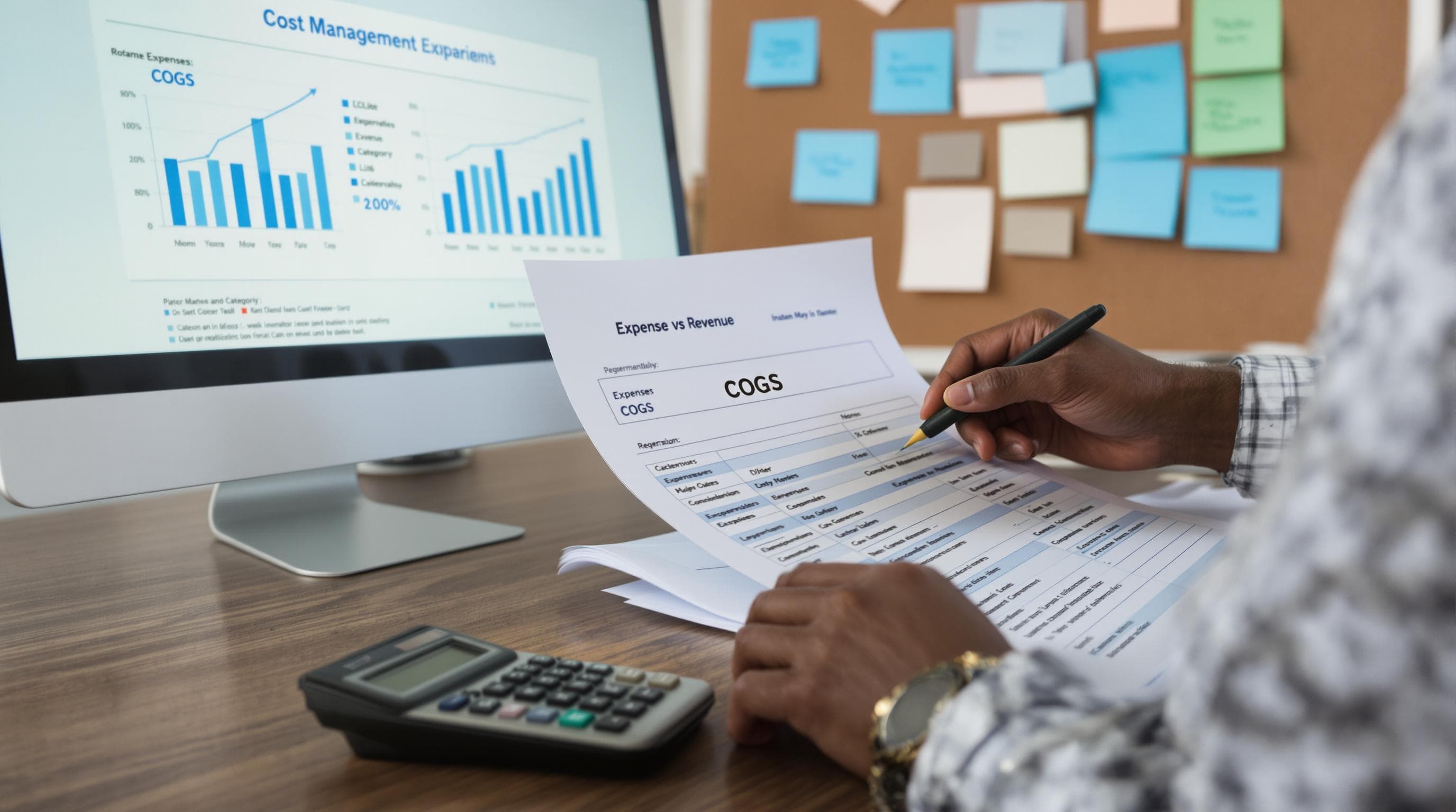 Entrepreneur highlighting business COGS and expenses for review
