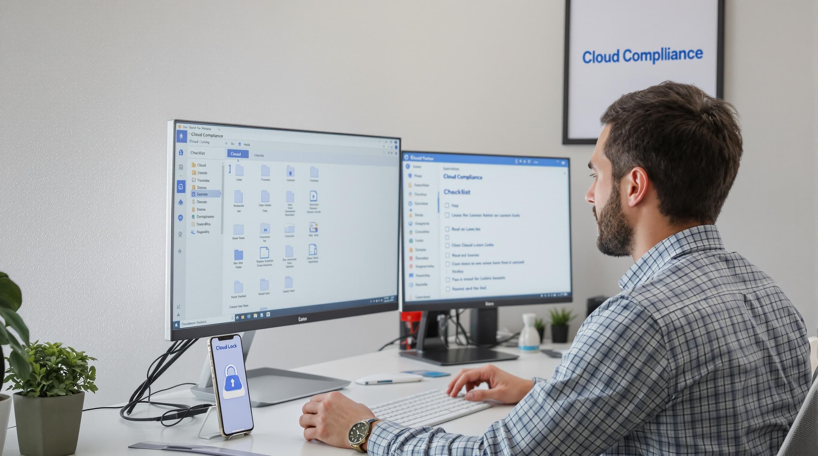Professional managing cloud records and compliance checklist in modern office