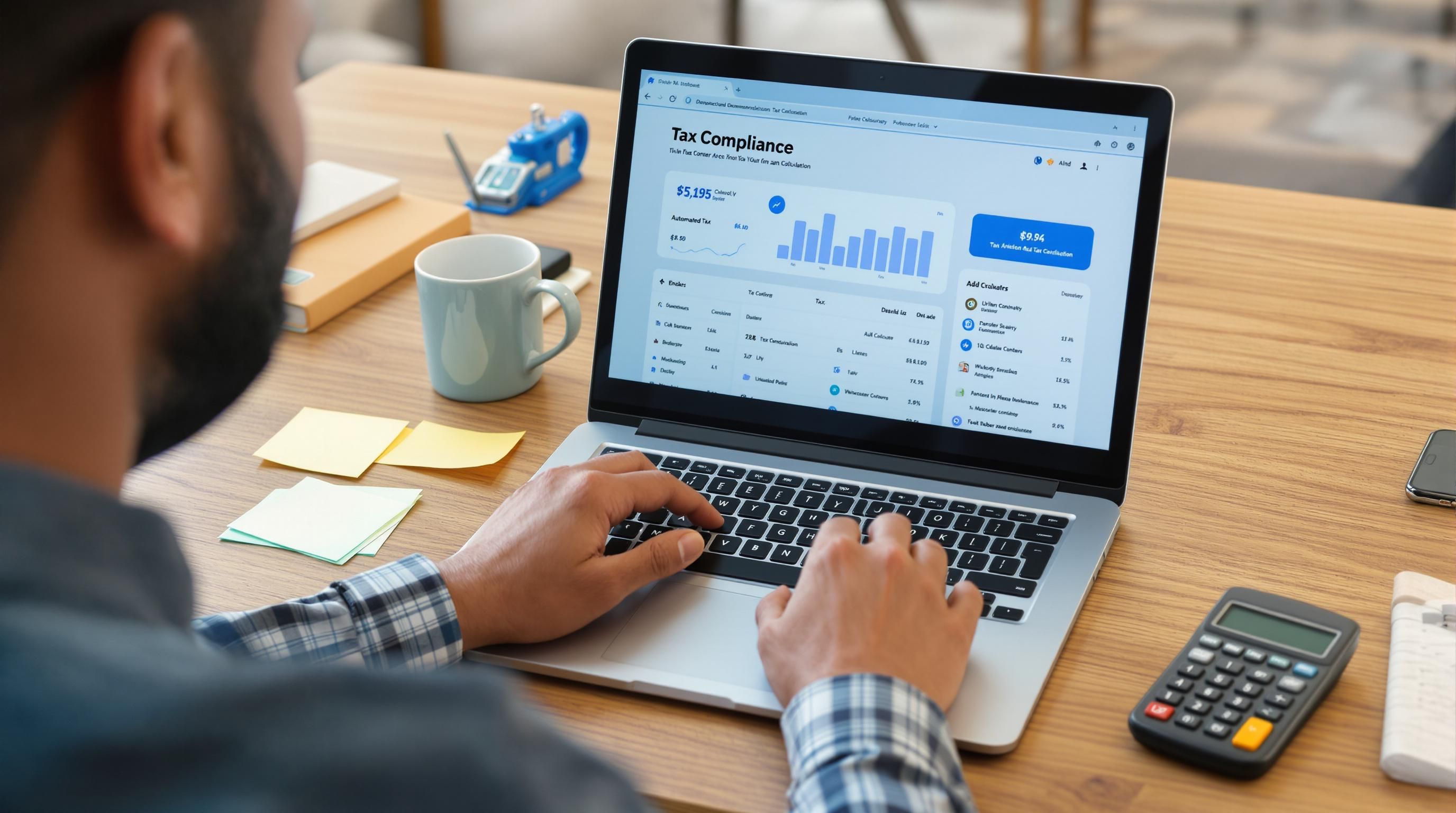 Financial manager with laptop showing automated tax compliance dashboard