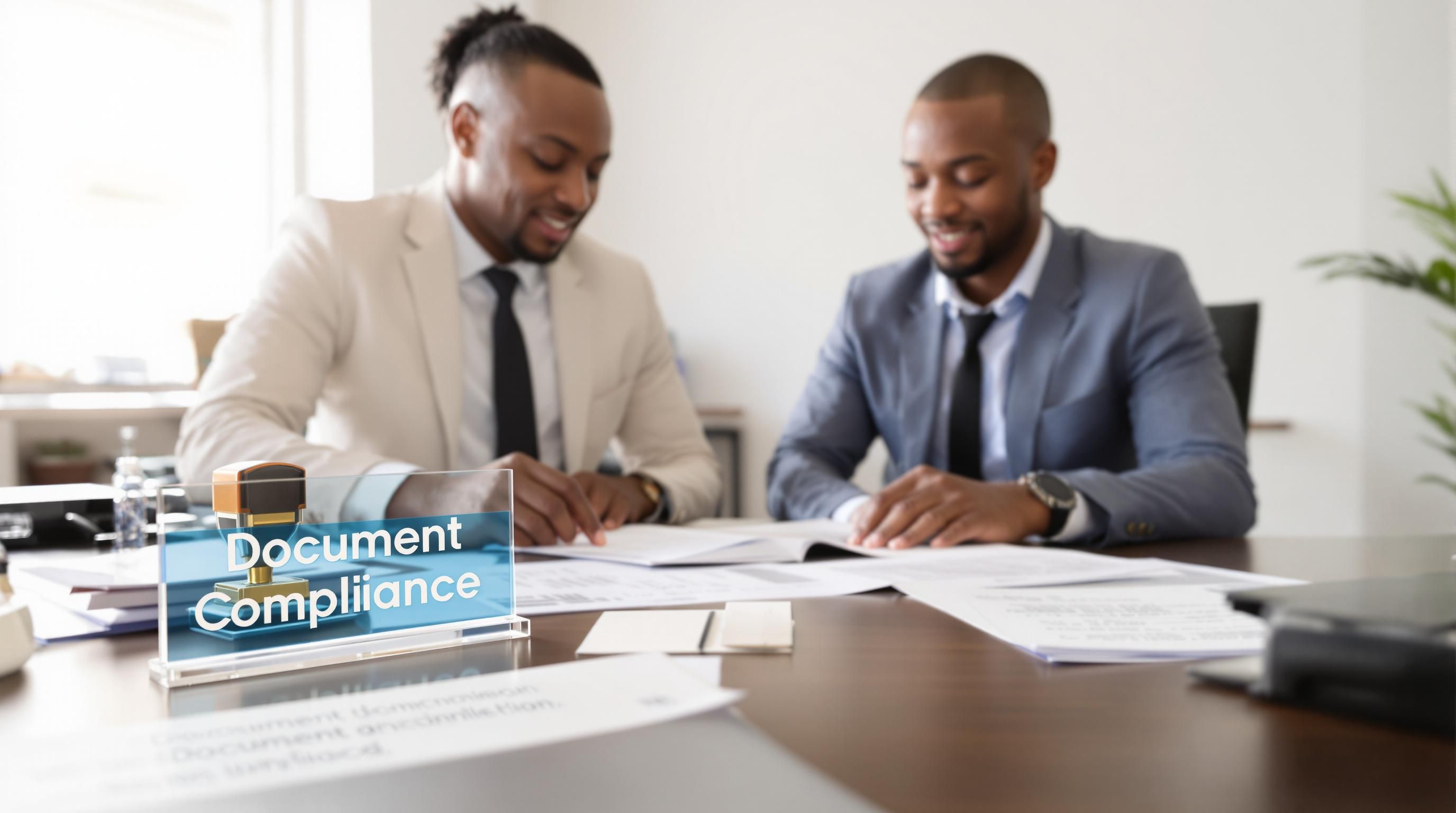 Accountant and business owner review certified documents for compliance