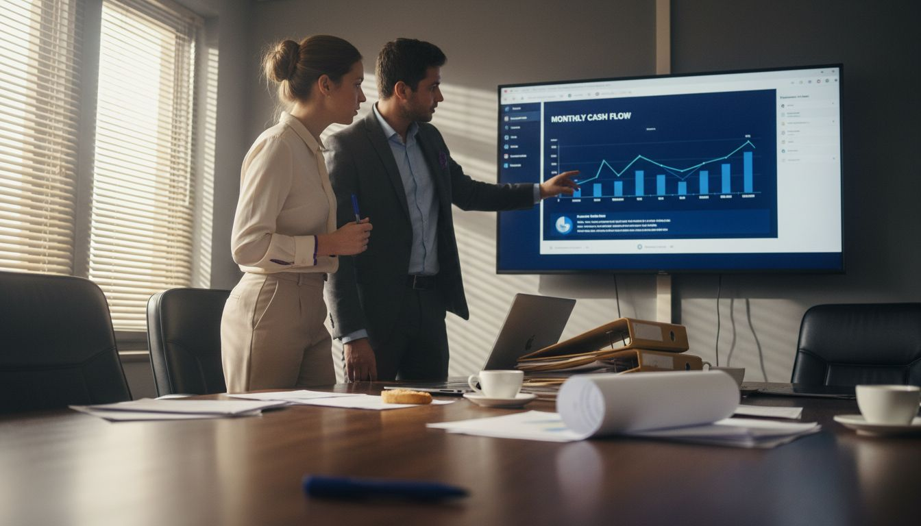 Colleagues reviewing real-time finance dashboard