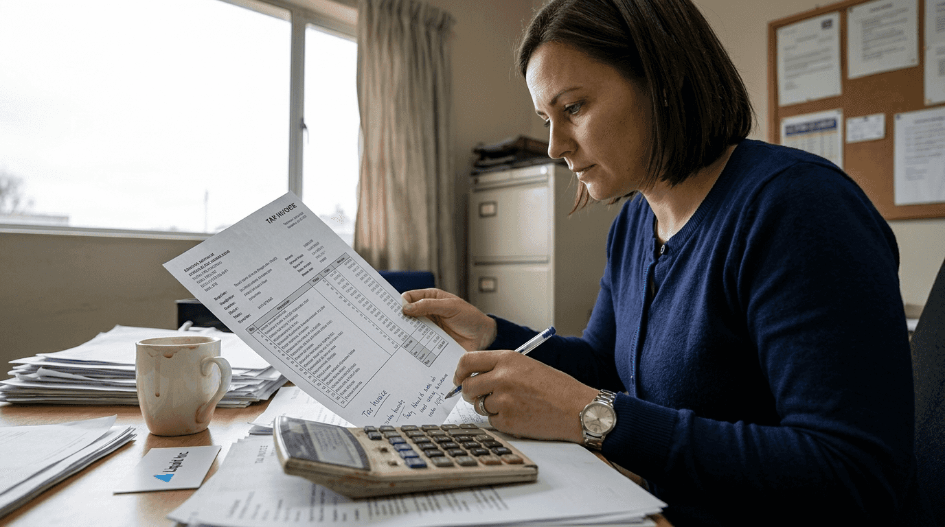 Bookkeeper reviews full itemized tax invoice