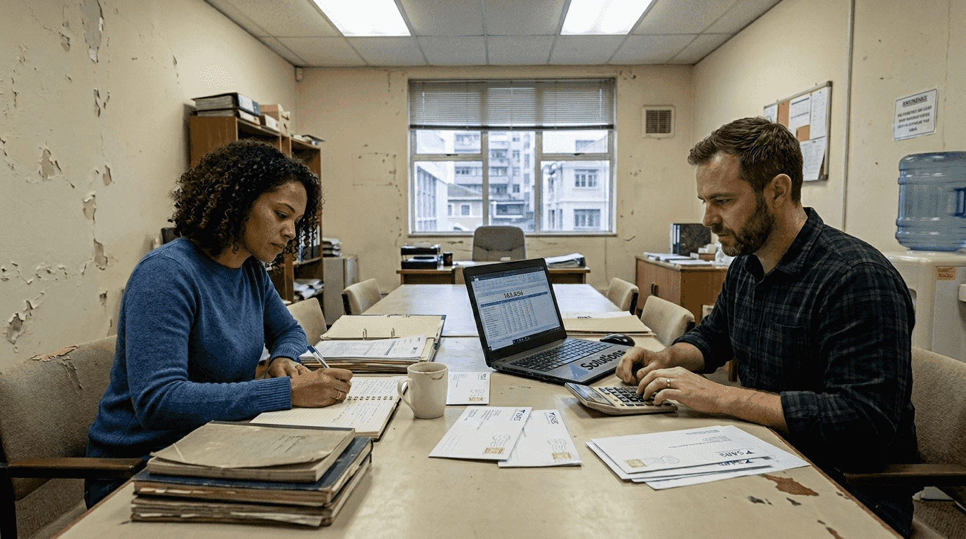 Partners organizing SARS tax records at table