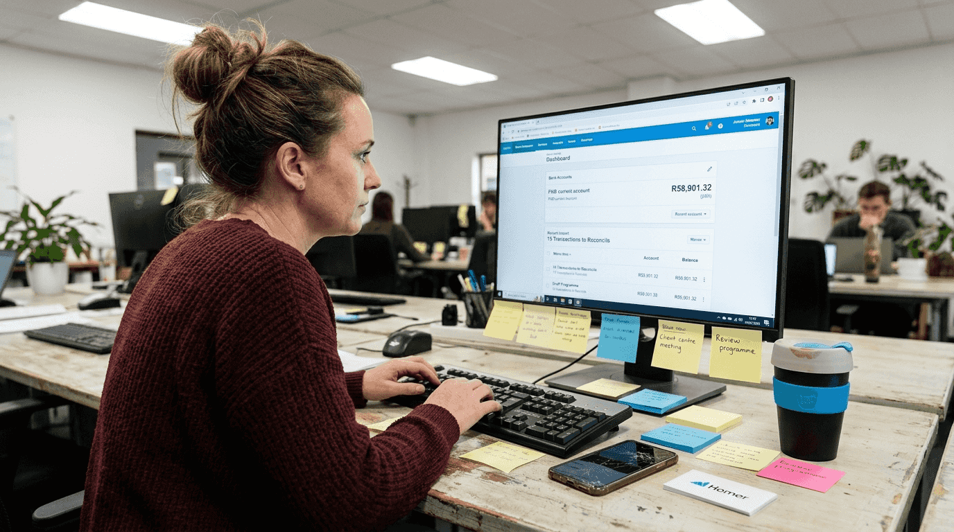 Accountant viewing Xero dashboard at shared table