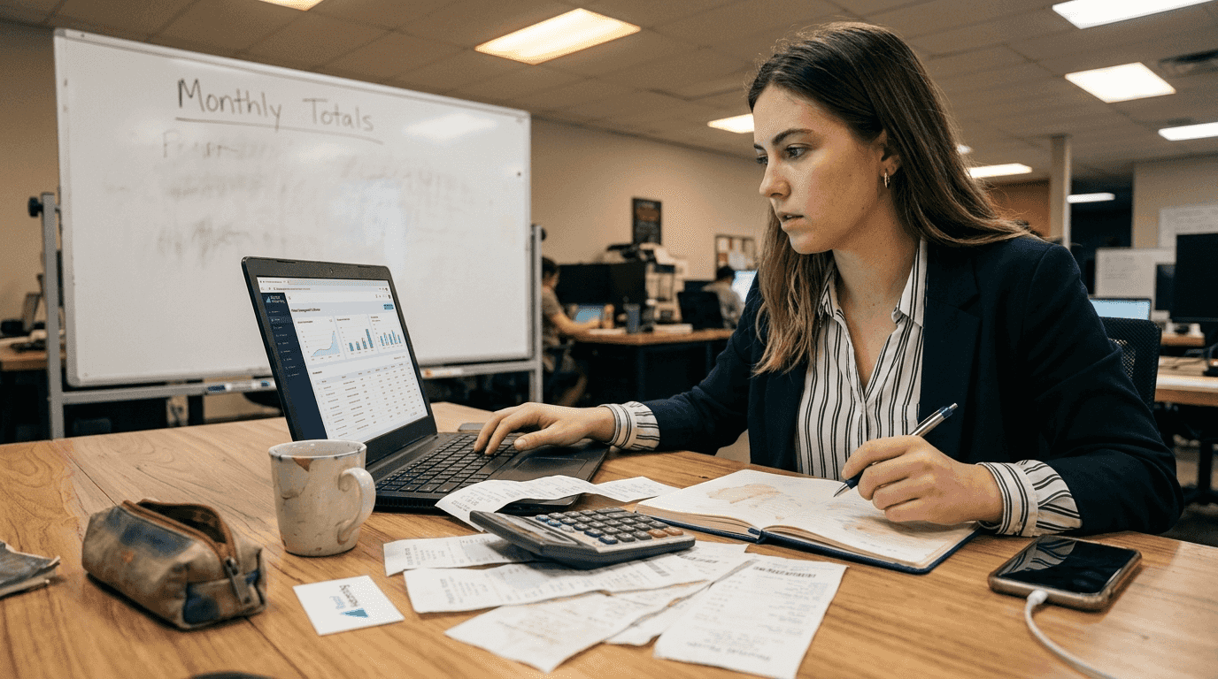 Woman checks rental income in shared workspace