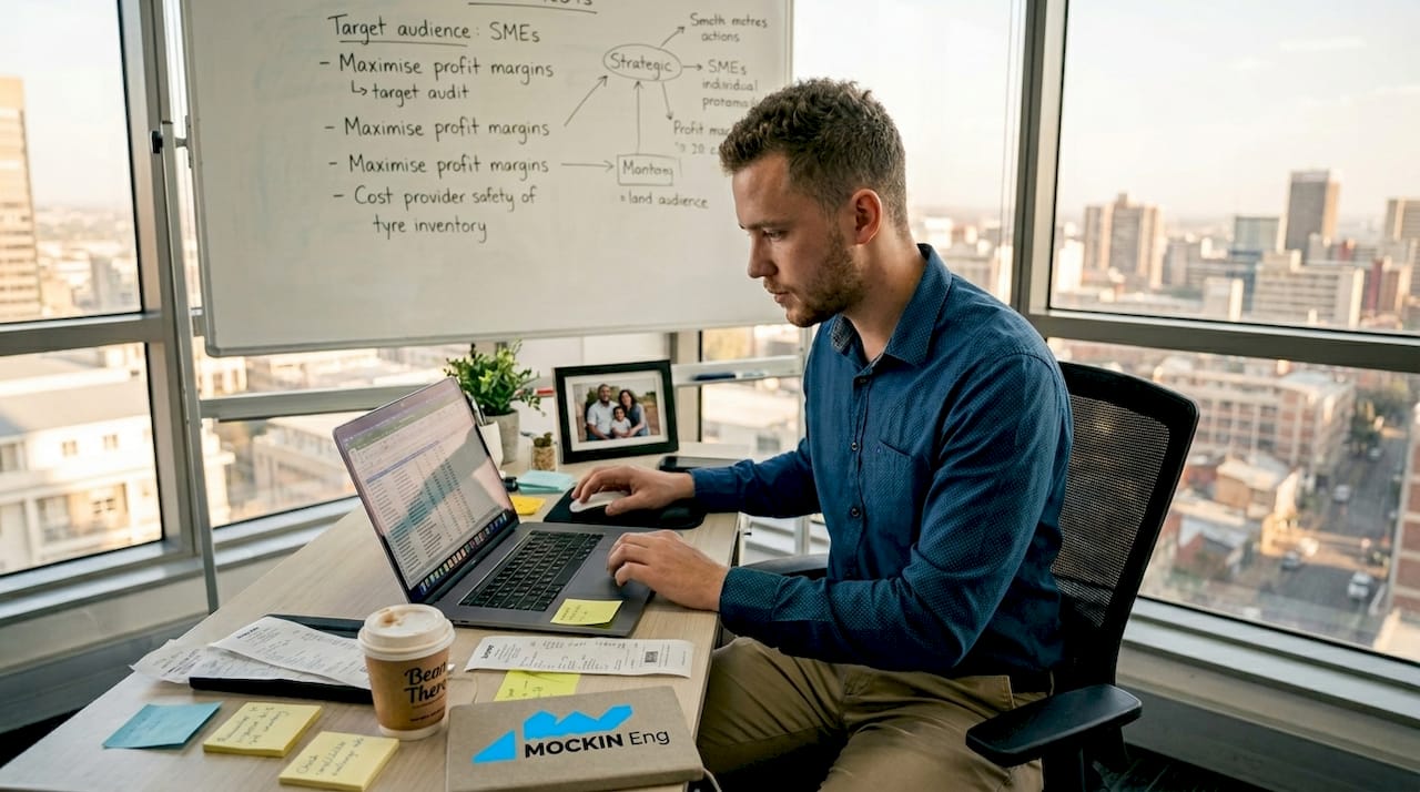 Startup founder reviews finances in sunny South African office