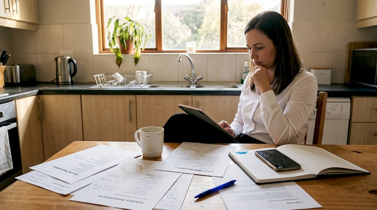 Woman researching business partners at home table