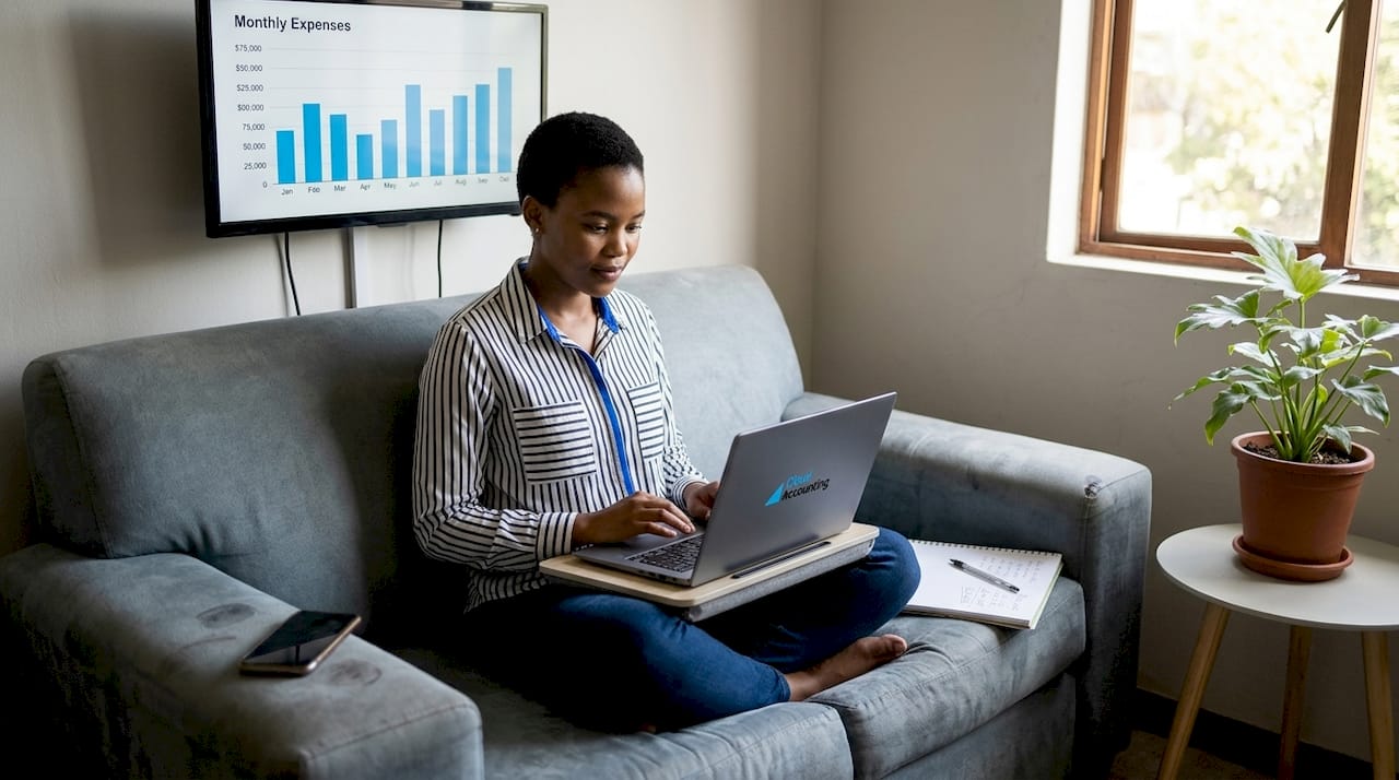 Accountant updates cloud data in home office