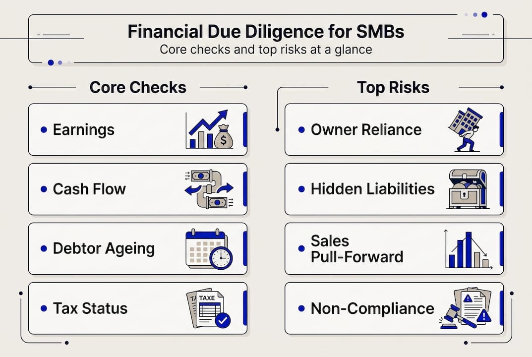 Infographic outlining key financial due diligence steps and risks