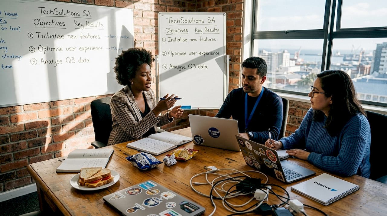 Startup team discussing objectives around office table