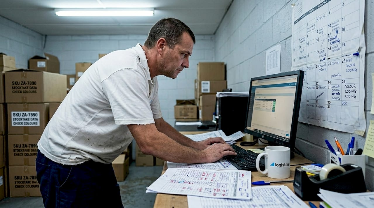 Supervisor updating stock counts at desk
