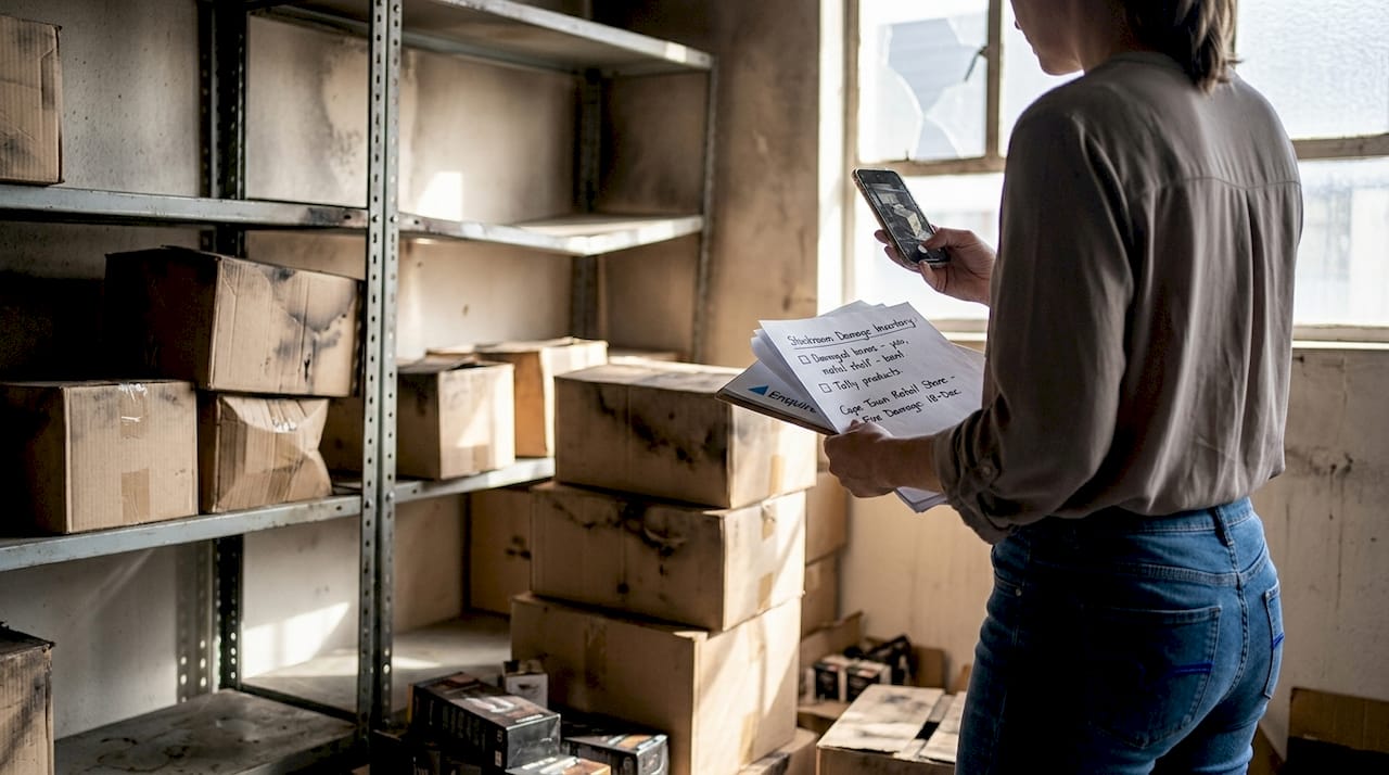 Shop owner documenting fire-damaged assets