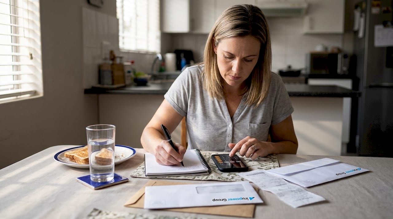 Entrepreneur calculating monthly expenses at kitchen table