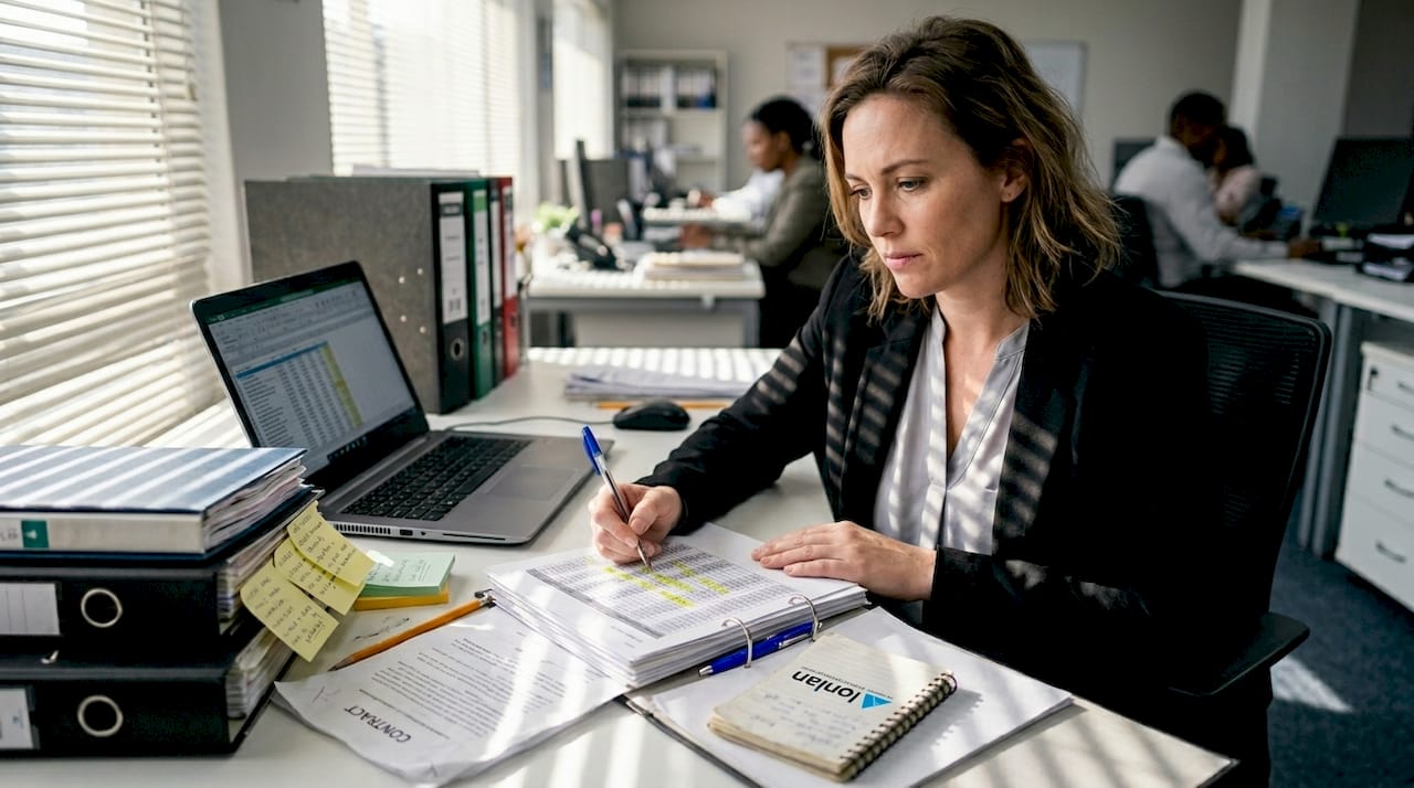 Specialist reviewing payment anomalies with printouts