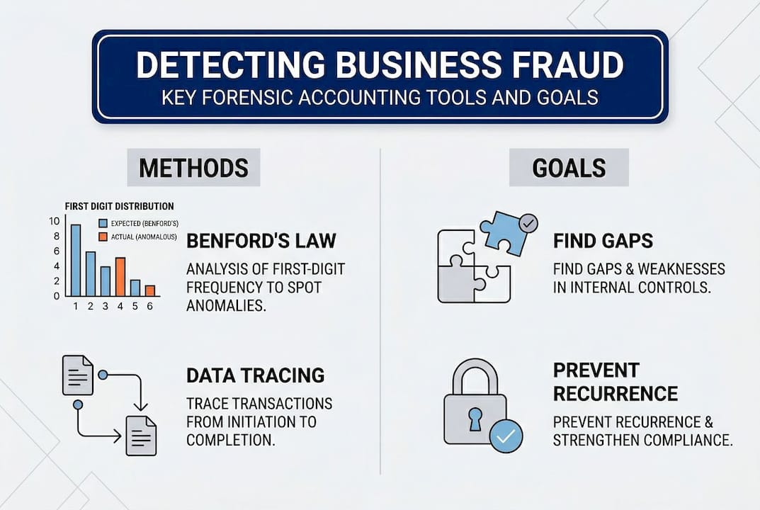 Infographic on forensic fraud detection methods and goals