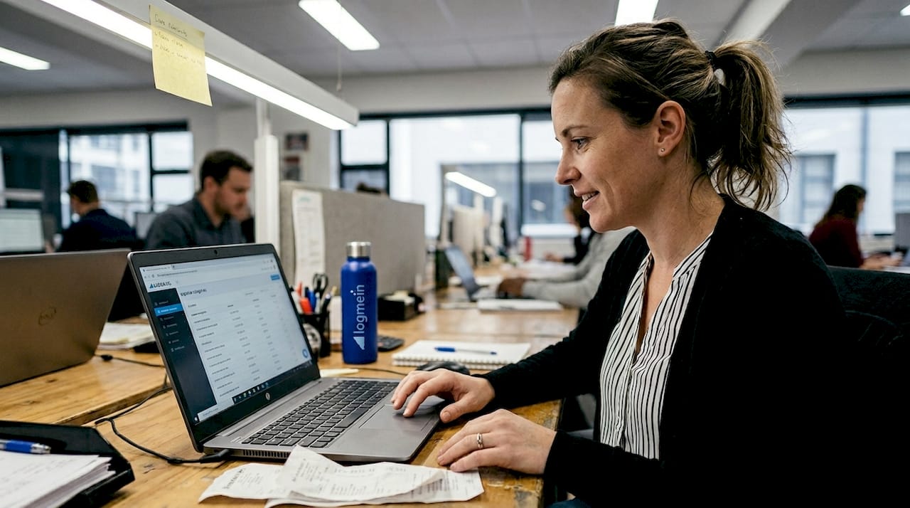 Accountant using laptop to check expenses in workspace