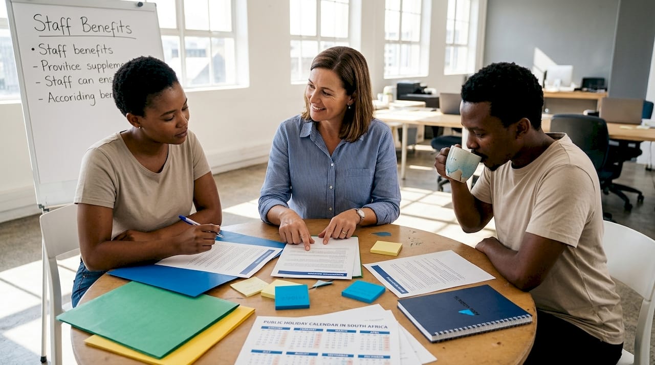 Small business team discusses employee benefits options