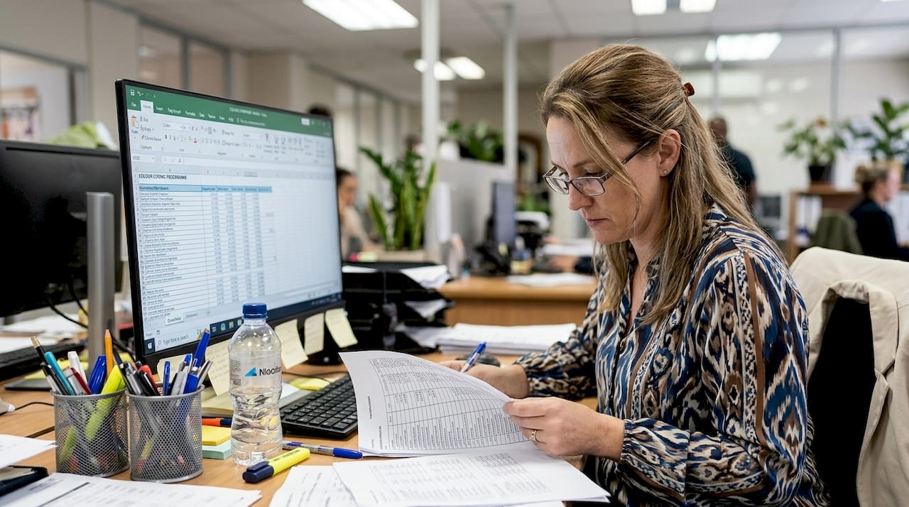 Accountant cross-checking entries at office desk
