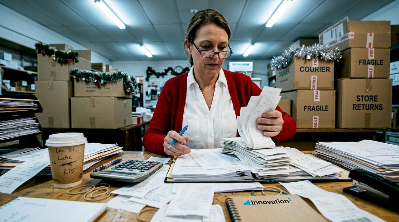 Retail manager sorting seasonal sales receipts