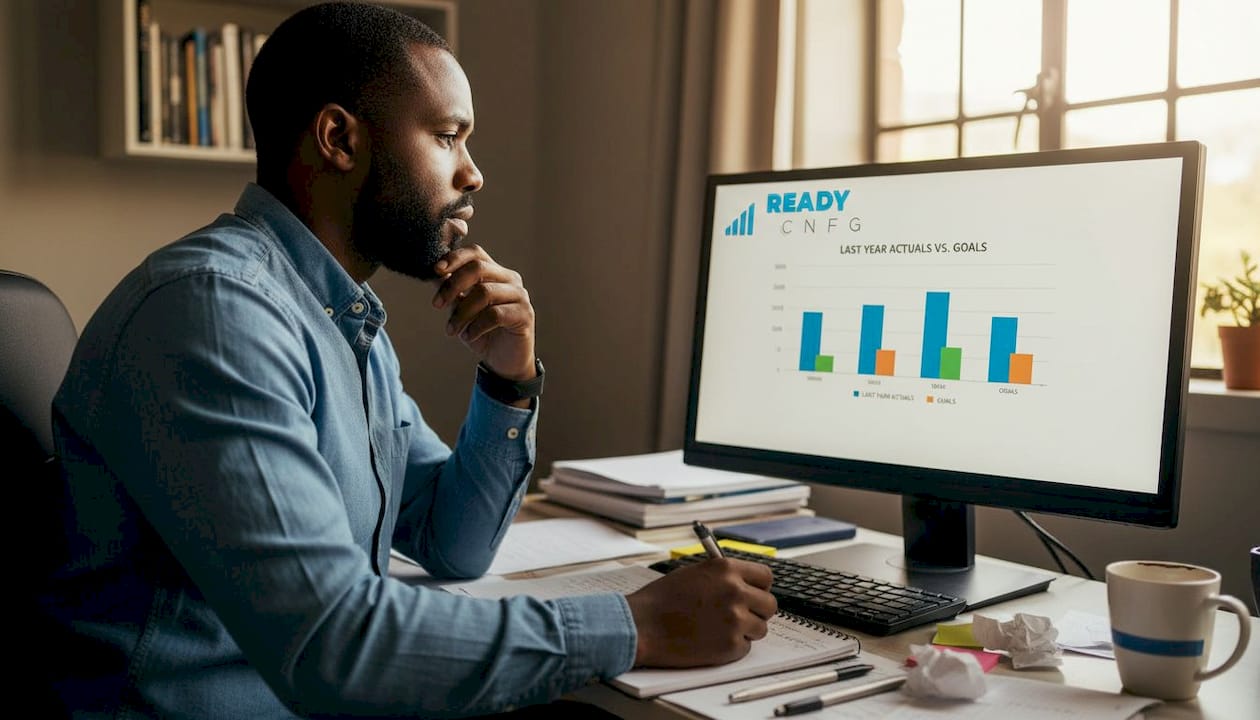 Entrepreneur comparing notes to business financial chart