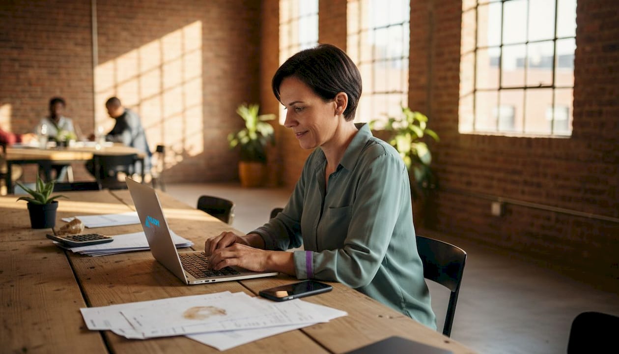 South African SME owner reviewing financial spreadsheet