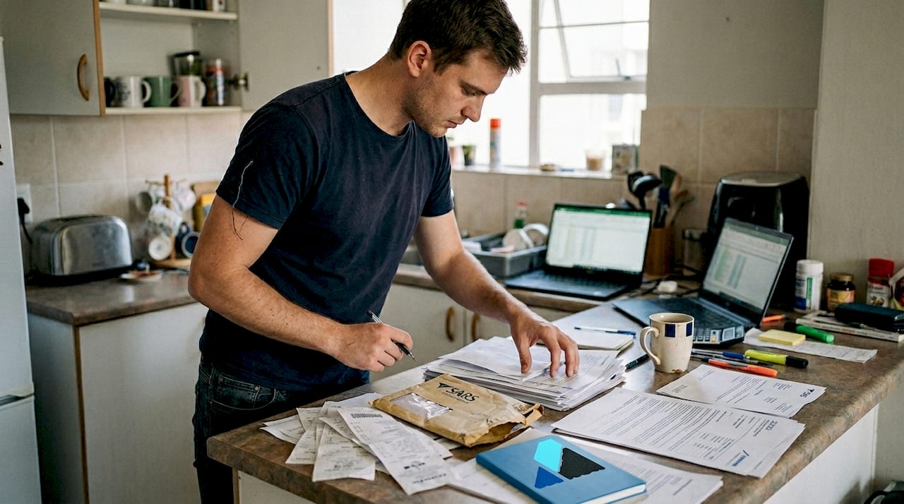 Founder sorting compliance paperwork in kitchen