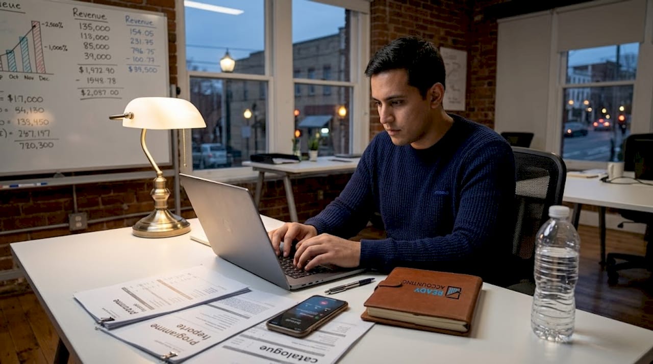 Entrepreneur working with financial reports at night