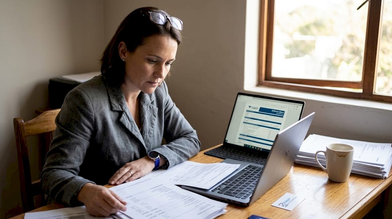 Business owner reviewing SARS tax forms