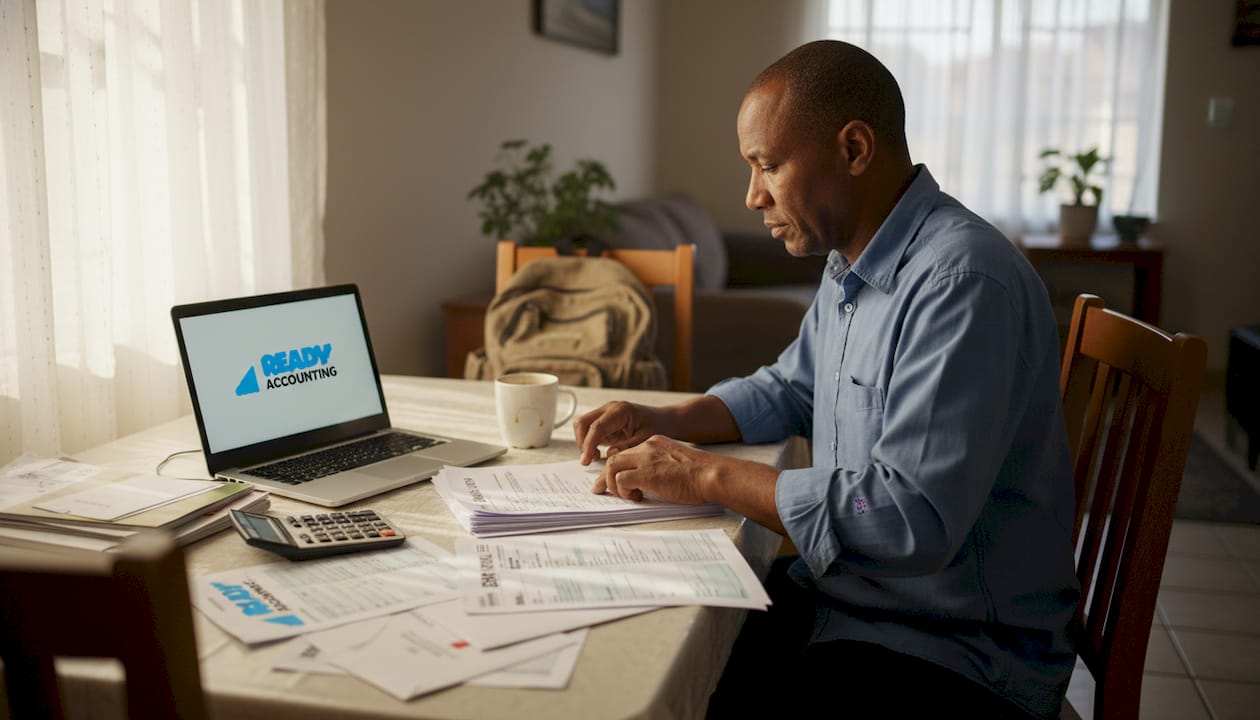 Entrepreneur reviewing VAT invoices at home table