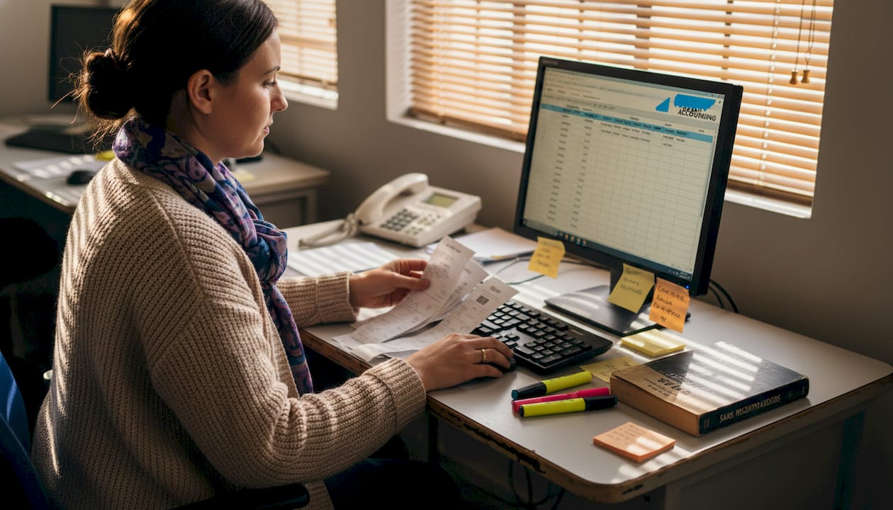 Bookkeeper inputting VAT receipts at desk