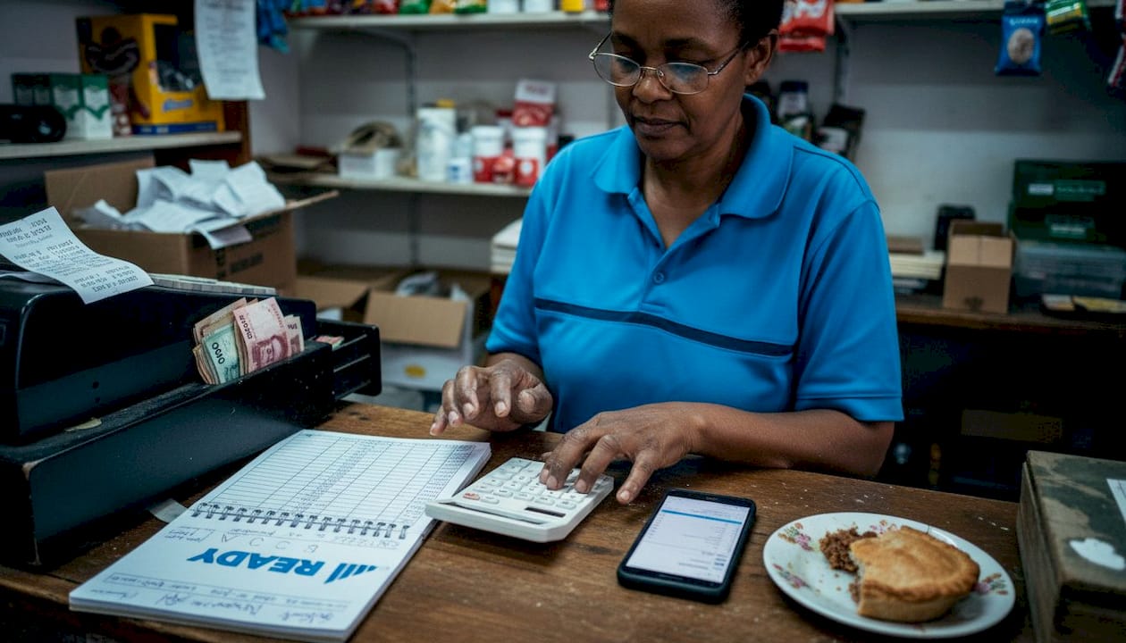 Shop owner tracking cash flow behind counter