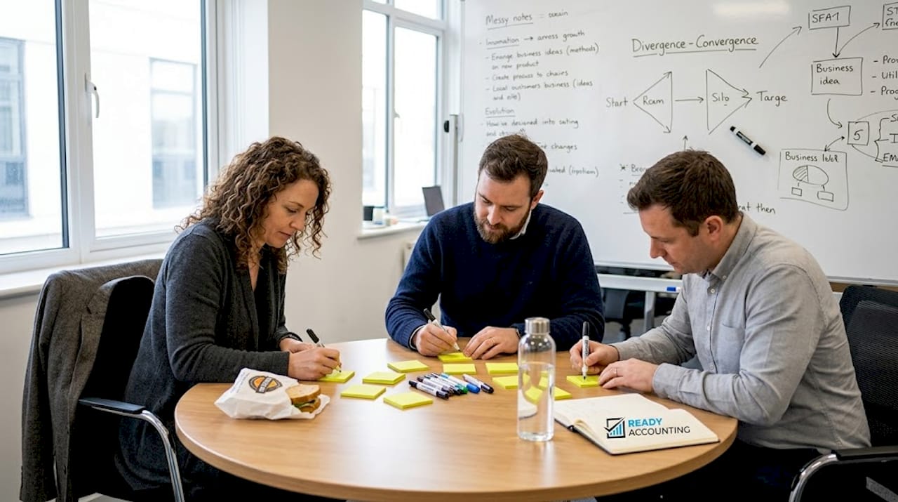Team brainstorming with sticky notes