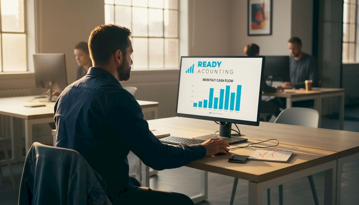 Entrepreneur using cloud dashboard for cash flow