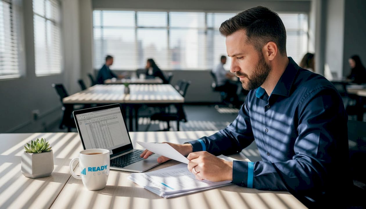 Business owner reviewing financial statement at desk