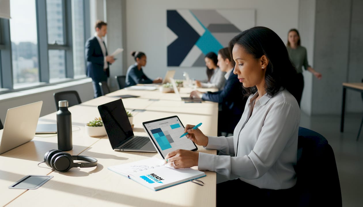 Businesswoman plans weekly schedule in shared office