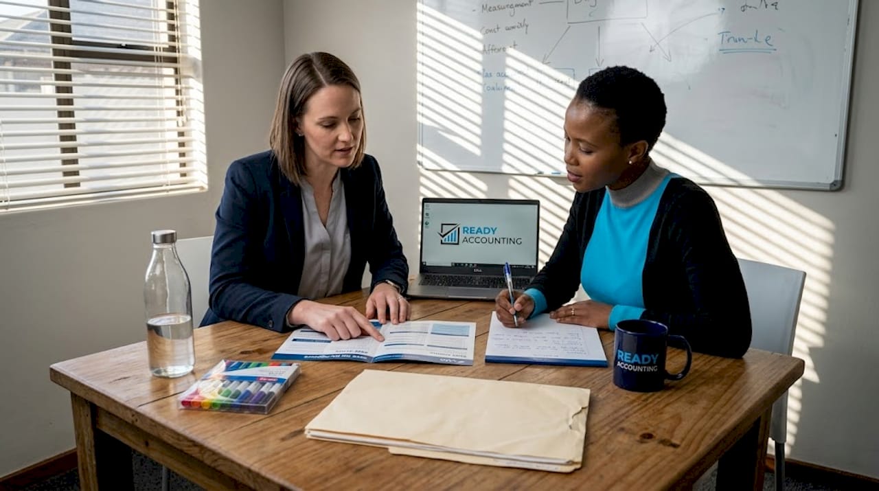 Colleagues discussing SME tax paperwork