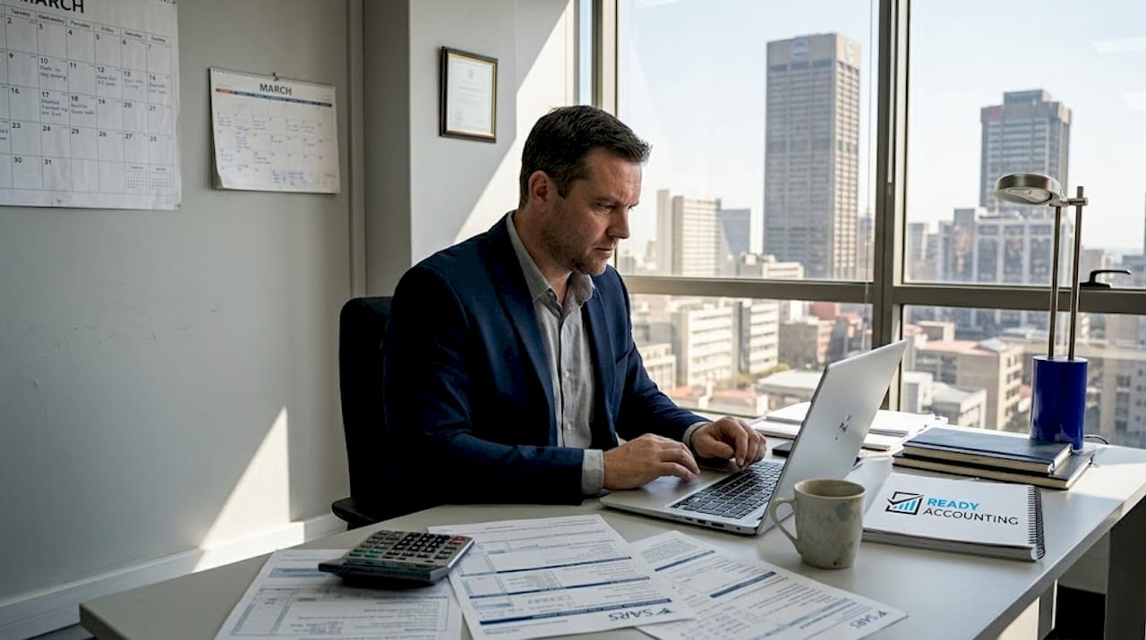 SME owner reviewing tax documents in office