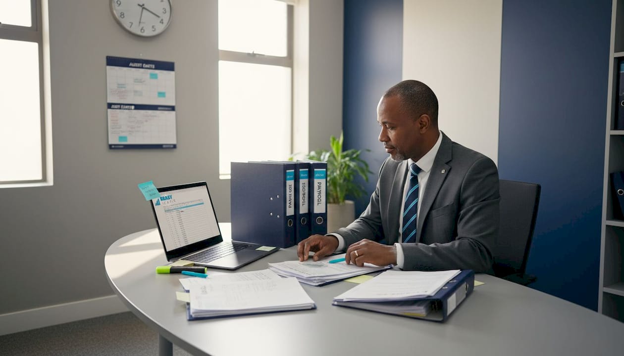 Owner reviewing payroll files for audit