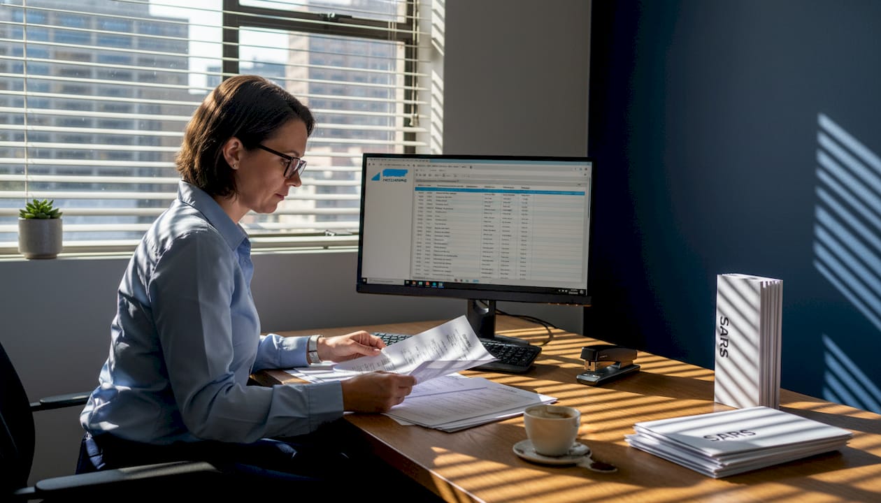 Payroll manager reviewing compliance paperwork