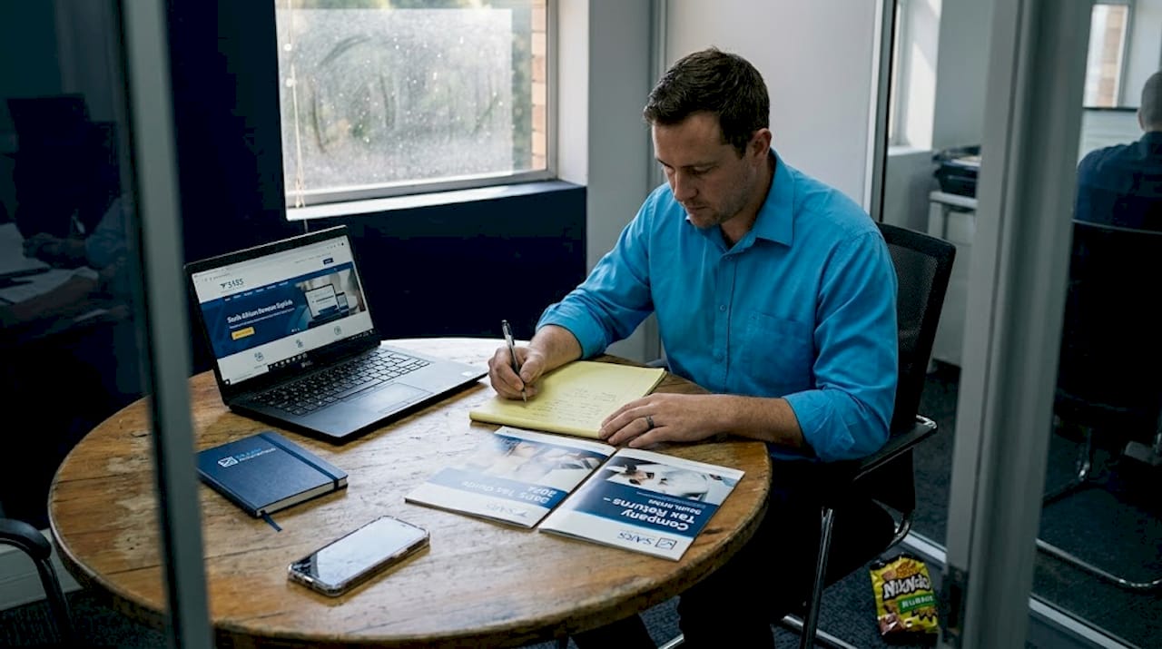 Accountant comparing printed tax guides at table
