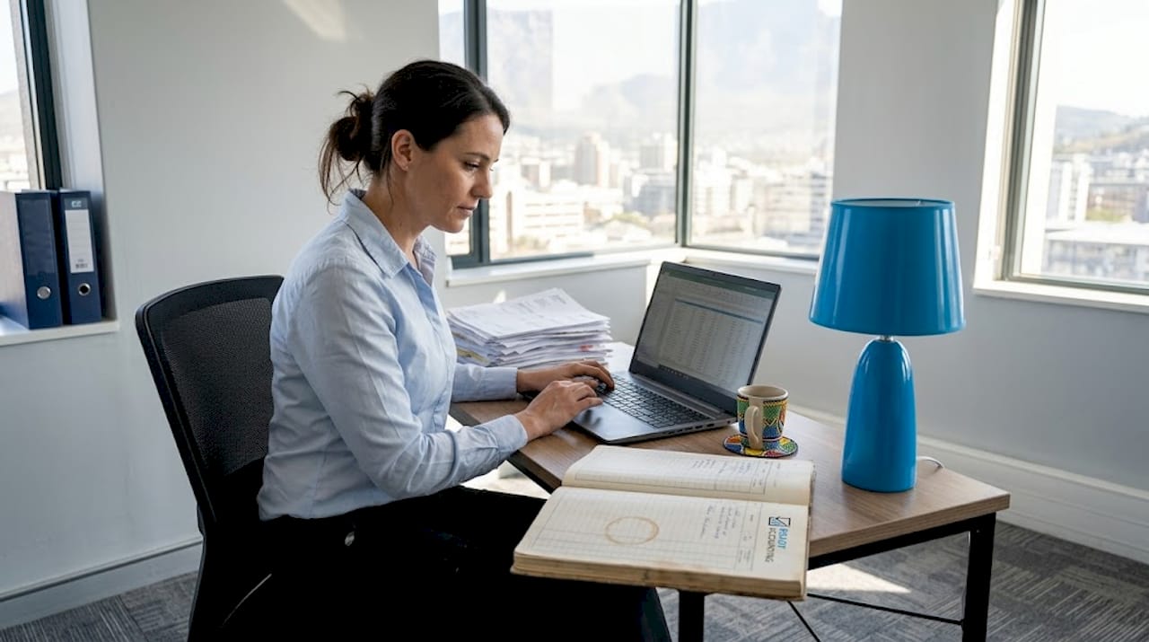 Accountant reviewing ledger in corner office