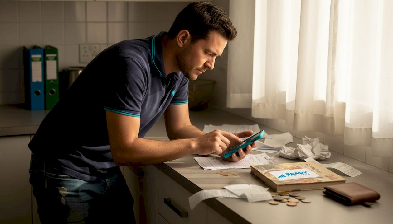 Entrepreneur sorting mixed receipts on kitchen counter