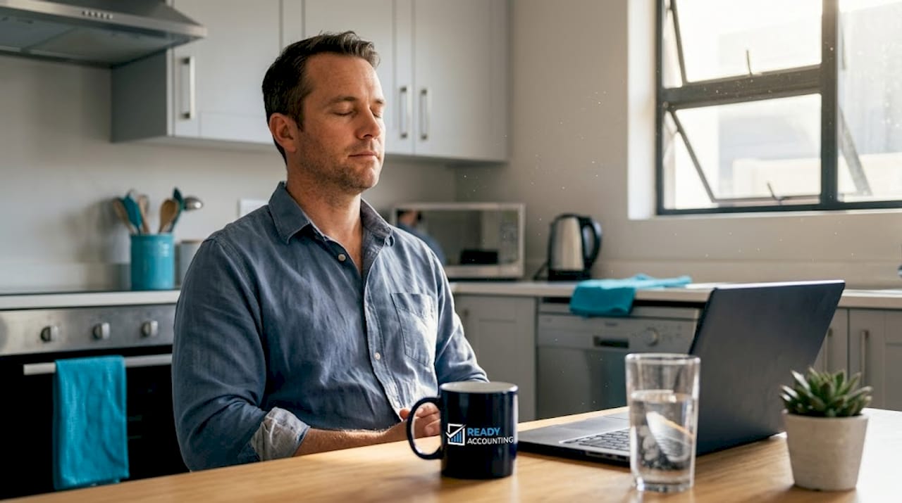 Entrepreneur practicing mindfulness at kitchen table