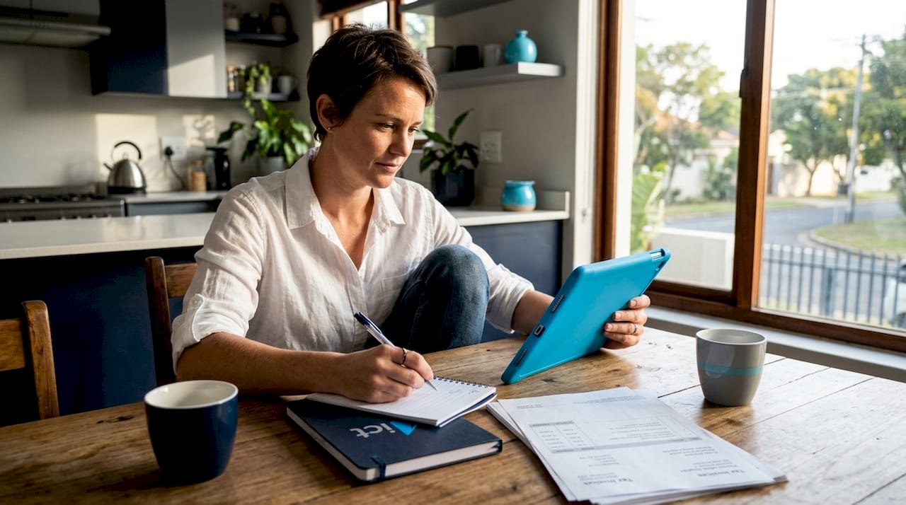 Manager tracking cash flow at kitchen table