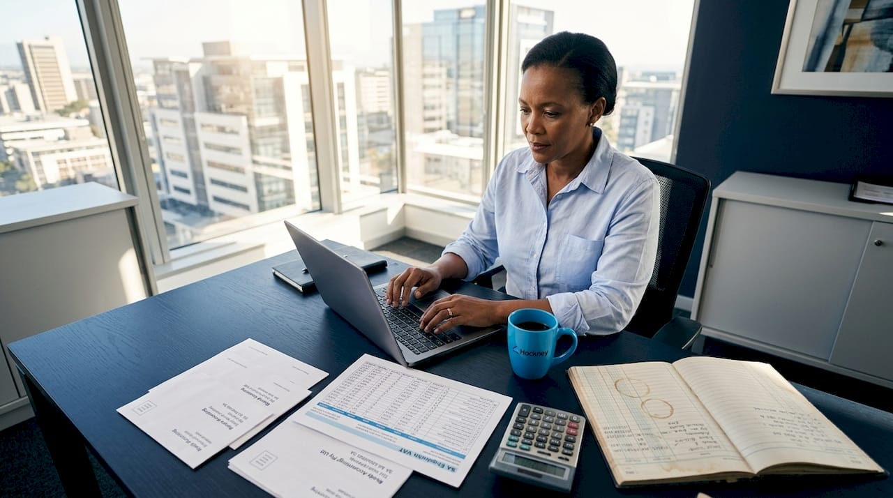 Business owner reviewing debt spreadsheet