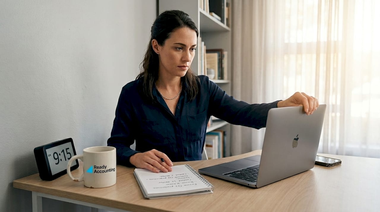 Entrepreneur reviewing notes in sunlit office