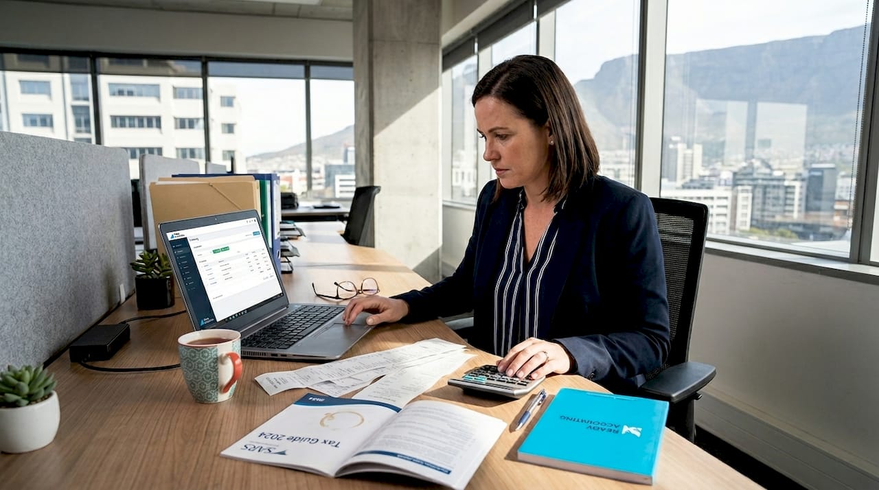 Business owner reviewing receipts and invoices at desk