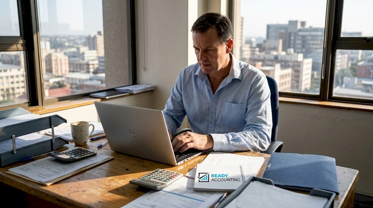 SME owner reviewing income statement at desk