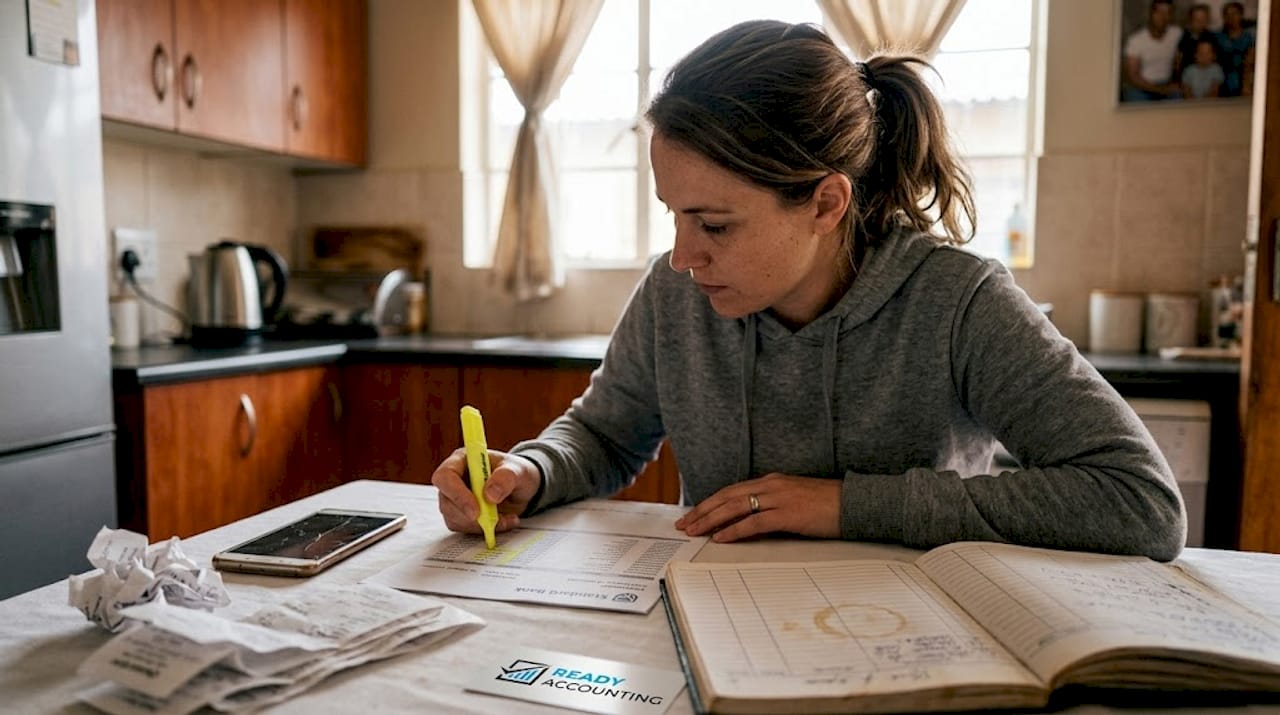Bookkeeper sorting expenses at kitchen table